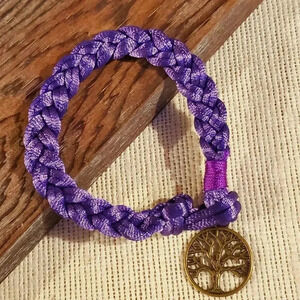 Braided Royal Purple Silk Antique Brass Tree of Life Charm Button Bracelet